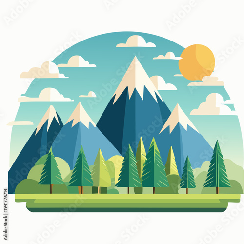 Vibrant Mountain Landscape Illustration with Pine Trees, Sun, and Clouds