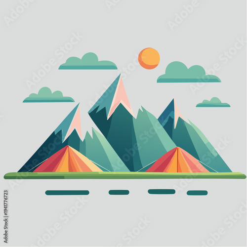 Flat design illustration of a mountain range with tents pitched during a sunny day