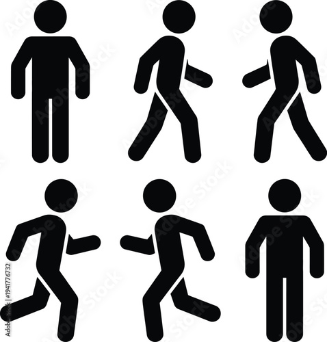 Six stylized icons depicting various human walking and running activities