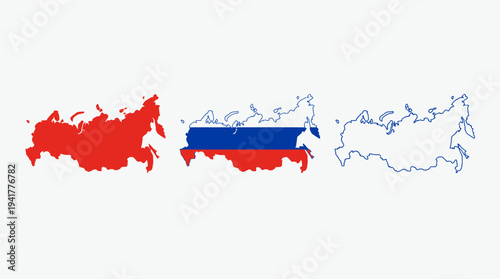 Set of Three Maps of Russia: National Flag Colors, Solid Red Silhouette and Black Outline on White Background