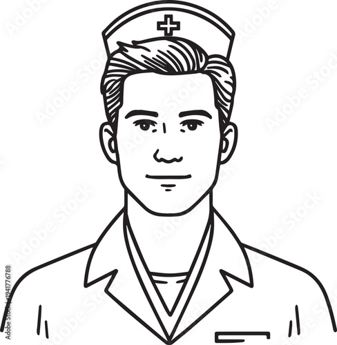 Hand Drawn Man as Nurse Black and White Avatar Illustration in Minimal Line Art Style Design