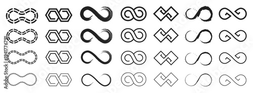 Infinity icon. Endless Mobius loop symbol, limitless eternal geometric arrow symbols inverted 8 shape, forever infinite loops logo design elements. Vector limitless sign set