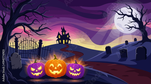 Spooky Halloween Night Landscape with Glowing Jack-o'-lanterns, Haunted Castle and Graveyard under a Full Moon in Cartoon Style