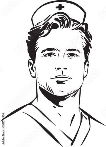 Hand Drawn Man as Nurse Black and White Avatar Illustration in Minimal Line Art Style Design