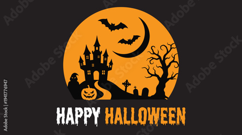 Halloween Greeting Card Illustration with Haunted Castle, Bats, Jack-O-Lantern, and Graveyard Silhouettes against an Orange Moon