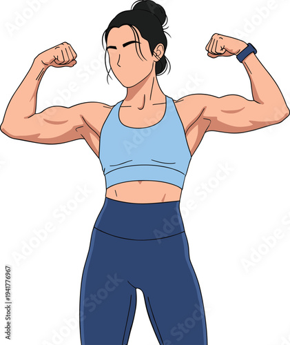 Fit young woman with athletic physique flexing biceps in a double front bicep pose wearing a blue sports bra and leggings