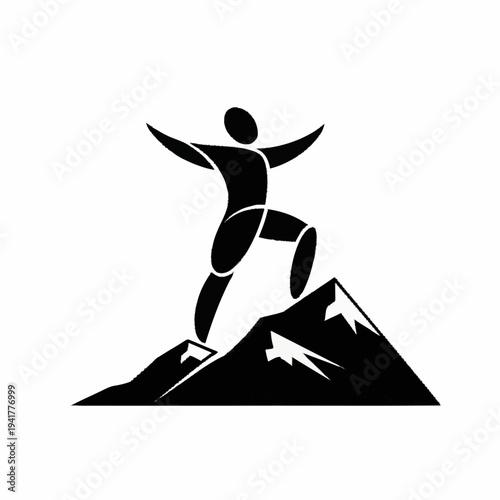 Abstract figure conquering mountain peak, symbolizing achievement and success.