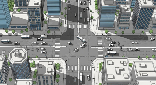 Aerial View of a Busy City Intersection with Traffic.