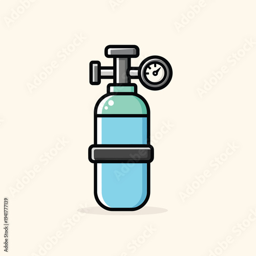 A cartoon illustration of an oxygen tank in blue and green with a gauge. It has a black band and outline. It is on a beige background