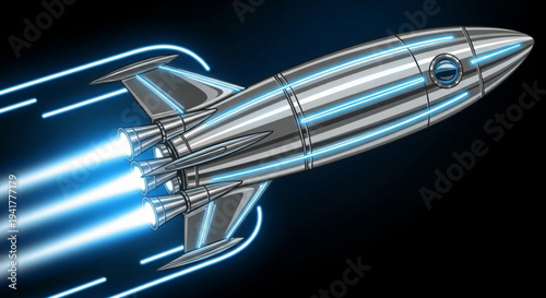 Silver rocket ship blasting off into space with glowing blue engines on transparent background
