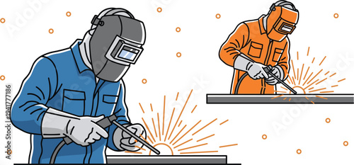 Two professional welders in protective masks and safety gear working with sparks in an industrial factory setting illustration