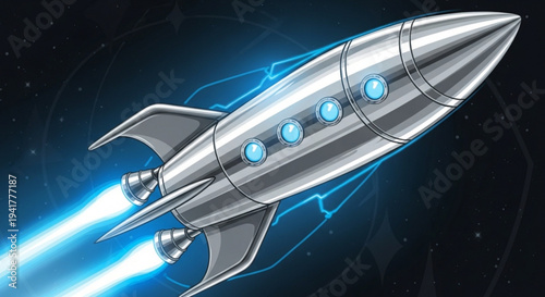 Silver spaceship rocket soaring through space with blue flames on transparent background