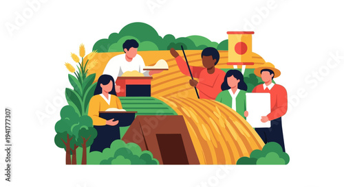 Global Agricultural Teamwork and Harvest: Diverse Farmers Gathering Crops in Field. Flat Vector Illustration.