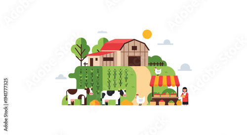 Modern Farm Life Vector Illustration: Rural Landscape with Barn, Cattle, Chickens, Crops, and Local Fresh Produce Market Stand.
