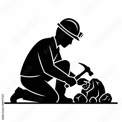 Miner Working Hard Extracting Rocks with Hammer.