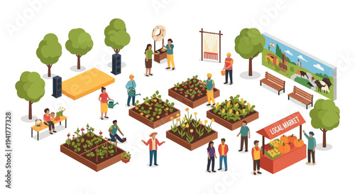 Isometric Urban Farming and Community Garden Festival. People Working, Growing, and Selling Organic Produce at the Local Farmers Market.