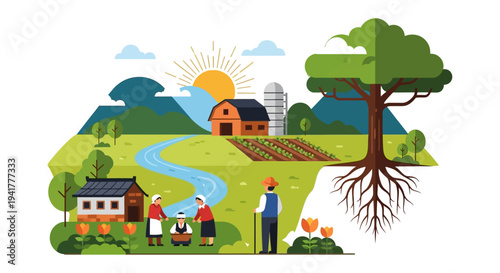 Sustainable Farming and Rural Life: Flat Illustration of a Family Farm Landscape with Barn, Crops, Tree Roots, and River.