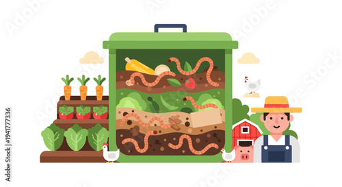 Organic Vermicomposting System Illustration: Worm Bin, Kitchen Waste, Farmer, and Sustainable Garden