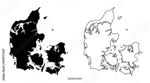 Denmark Map Set with Black Silhouette and Outline Illustrations, Minimalist Vector Design of Scandinavian Country