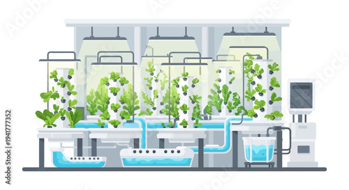 Modern Vertical Farming System Illustration. Hydroponics Technology, Sustainable Agriculture, Indoor Greenhouse, and Urban Farm Concept.
