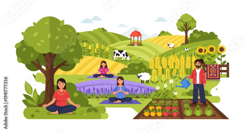 Holistic Rural Life: People Practicing Yoga and Gardening on an Organic Farm. Wellness, Sustainable Agriculture, and Meditation in a Pastoral Landscape.