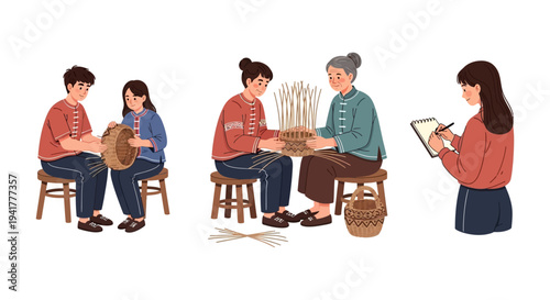 Traditional Basket Weaving Workshop Illustration: Generational Learning of Handicraft, Folk Art, and Cultural Heritage on White