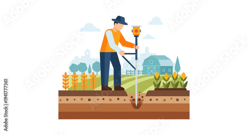 Precision Agriculture Farmer Analyzing Soil Profile with Scientific Probe. Agronomist Taking Ground Sample on Farm, Modern Farming Technology Vector Illustration.