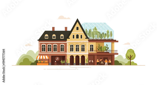 Sustainable Mixed-Use City Buildings Vector Illustration. Rooftop Garden Greenhouse, Urban Architecture, Cafe, and Local Market Flat Design.