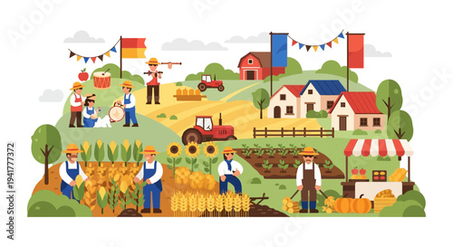 Agricultural Harvest Festival Illustration: Flat Design Vector Scene of Farmers Working, Harvesting Crops (Corn, Wheat), Tractors, Barns, and Rural Market Celebration.