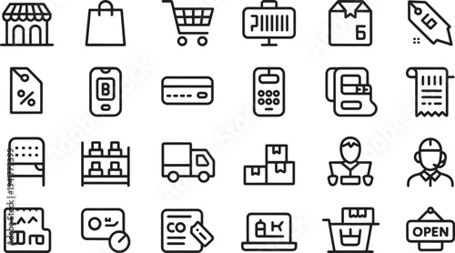 Black and white representing various business and shopping activities and store 1