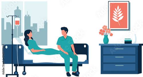 Male nurse in teal scrubs comforting a female patient lying in a hospital bed with an IV drip and city view