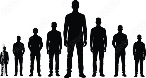 PrintSet of male silhouettes of different heights standing in a row by size
