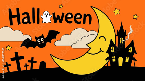 Halloween Greeting Card Illustration with Smiling Crescent Moon, Haunted House, and Spooky Cartoon Characters on Orange Background