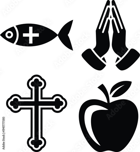 Four iconic religious and symbolic black and white icons in a square formation