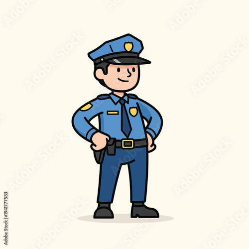 A cartoon illustration of a police officer, standing at attention with his hands on his hips. He is wearing a blue uniform