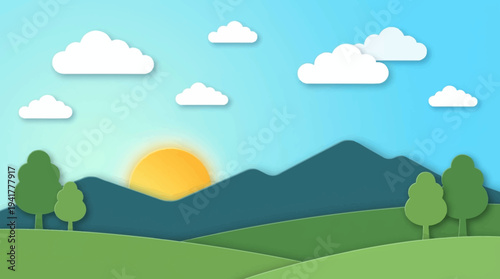 Paper Cut Style Nature Landscape Background with Green Hills, Mountains, Rising Sun and Clouds