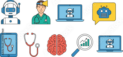 Artificial intelligence in medicine collection featuring medical robots, doctor, digital stethoscope, human brain, laptop diagnostic, health data analysis, and chatbot icons, vector.