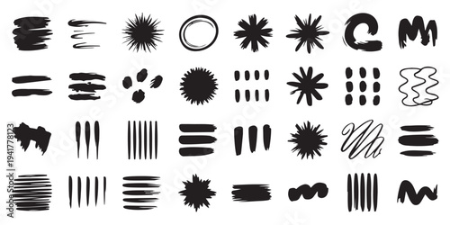 Set of thick black ink brush strokes, vertical lines, and starburst patterns