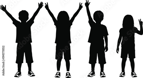 PrintSet of happy children silhouettes with arms raised and peace signs in celebration