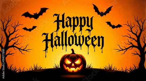 Happy Halloween Greeting Background with Glowing Jack-o'-lantern, Bats, and Spooky Trees in Silhouette