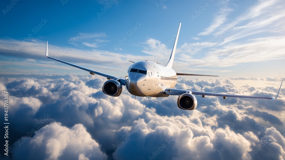 Fototapeta premium Jet Aircraft Flying Through Bright Blue Sky