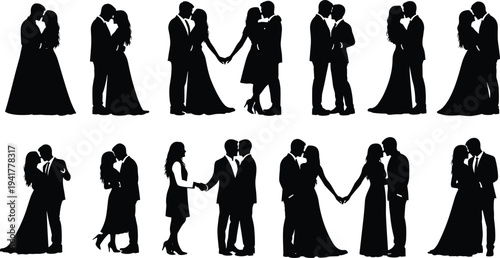 PrintSet of romantic wedding couple silhouettes in various kissing hugging and dancing poses