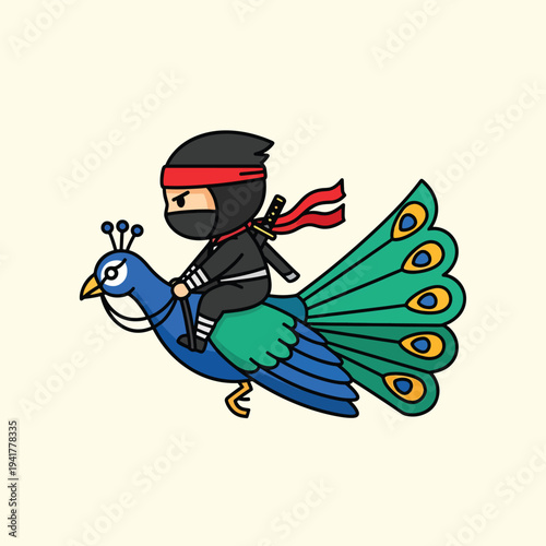 A cartoon ninja, masked and clad in black, rides a blue peacock, katana at their back. The peacock spreads its vibrant green and blue feathers
