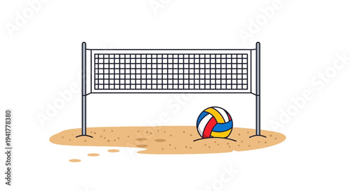 Beach volleyball court with colorful ball on sandy surface