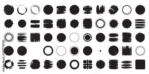 Collection of black ink brush strokes, circles, and textured shapes for graphic design