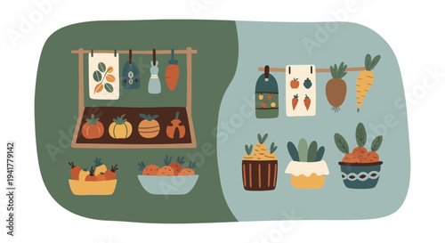 Whimsical Farmers Market Illustration: Hand-Drawn Flat Vector Art of Fresh Organic Produce, Garden Harvest, and Bohemian Kitchen Decor Elements