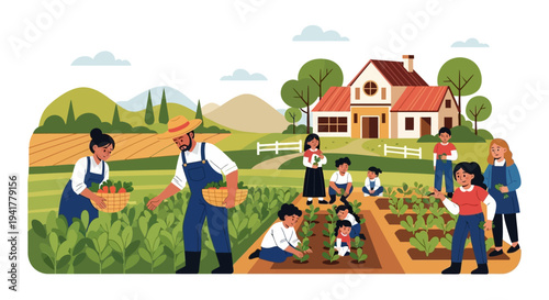 Family and Community Gardening: Farmers and Kids Planting and Harvesting Vegetables on a Sustainable Farm. Flat Vector Illustration of Organic Agriculture.