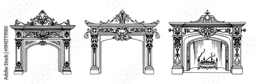 Victorian fireplace mantel set with ornate line art design featuring imperial, detailed engraving, flourishes with historical and decorative