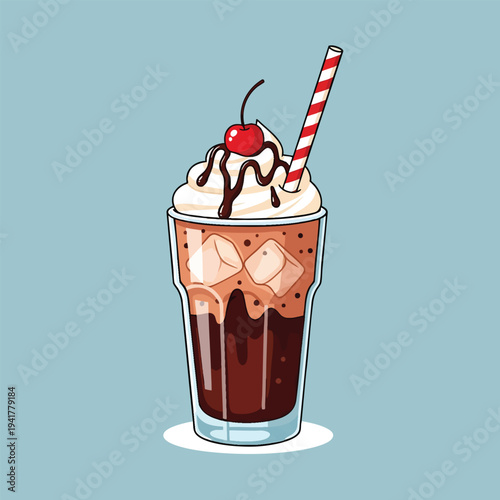 A cartoon illustration of a tall glass filled with a brown beverage with ice cubes, topped with whipped cream, chocolate syrup, and a cherry, with a striped straw