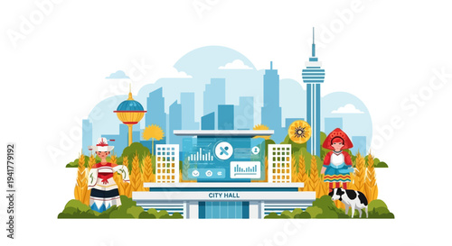 Municipal Governance and Cultural Heritage Vector: City Hall, Traditional People, Agriculture, and Urban Skyline